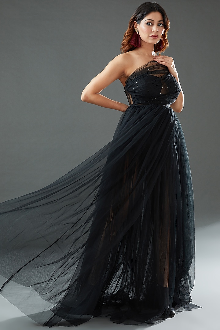 Black Tulle One-Shoulder Layered Gown by Tisharth by Shivani