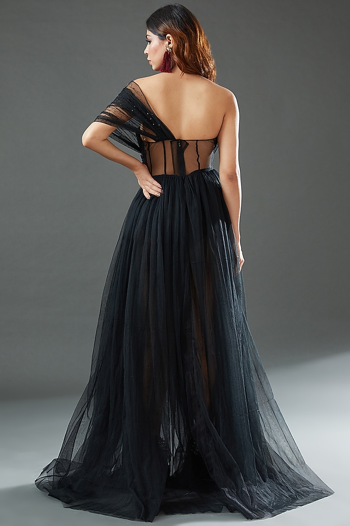 Black Tulle One-Shoulder Layered Engagement Gown by Tisharth by Shivani at Pernia's Pop Up Shop
