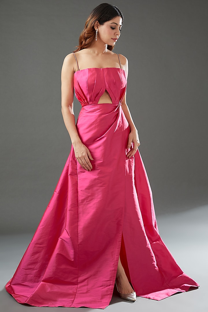 Fuchsia Pink Taffeta Silk Ball Gown by Tisharth by Shivani