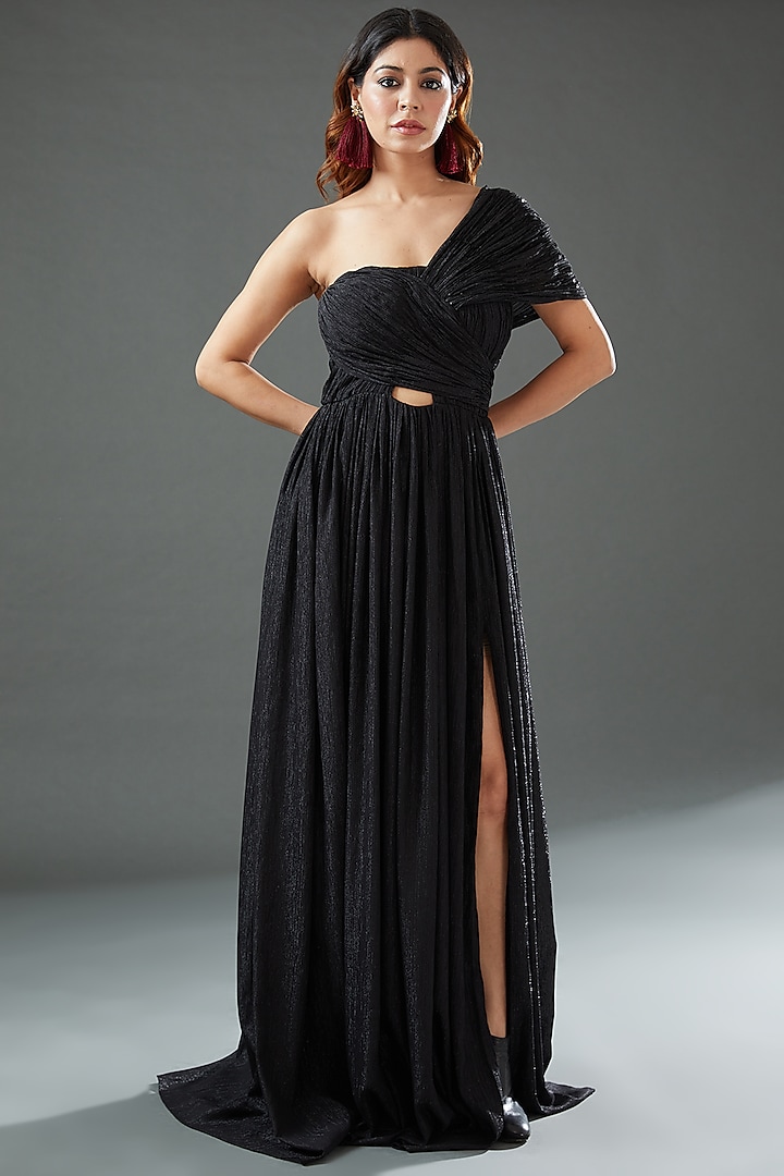 Black Metallic Georgette Draped Engagement Gown by Tisharth by Shivani at Pernia's Pop Up Shop
