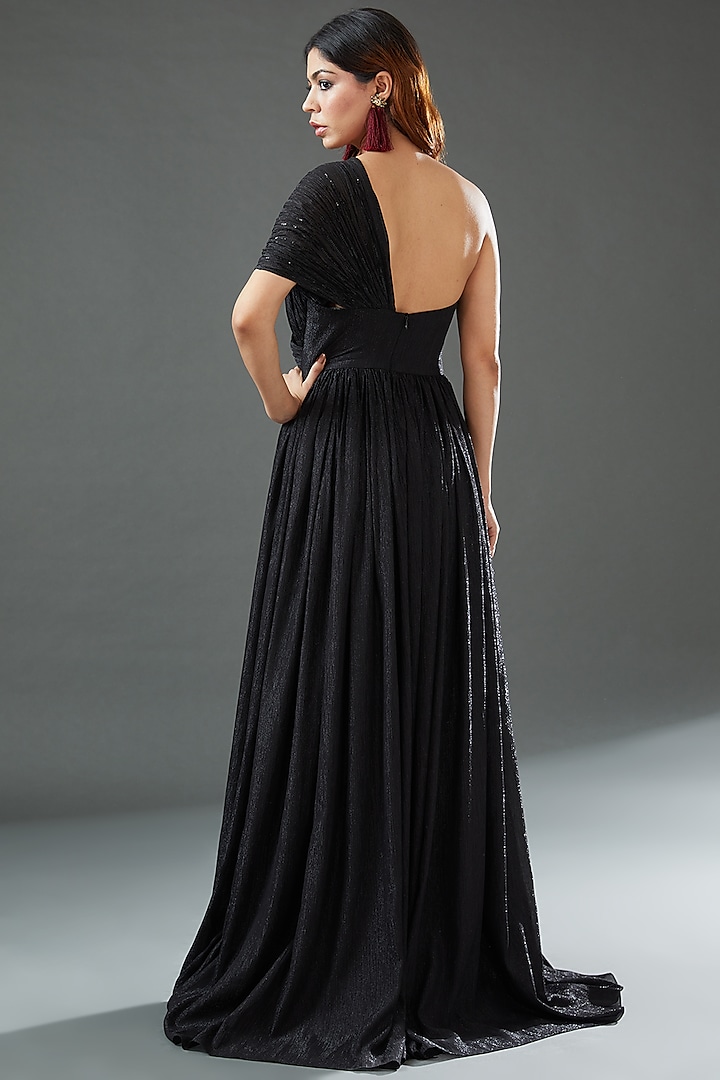 Black Metallic Georgette Draped Engagement Gown by Tisharth by Shivani at Pernia's Pop Up Shop