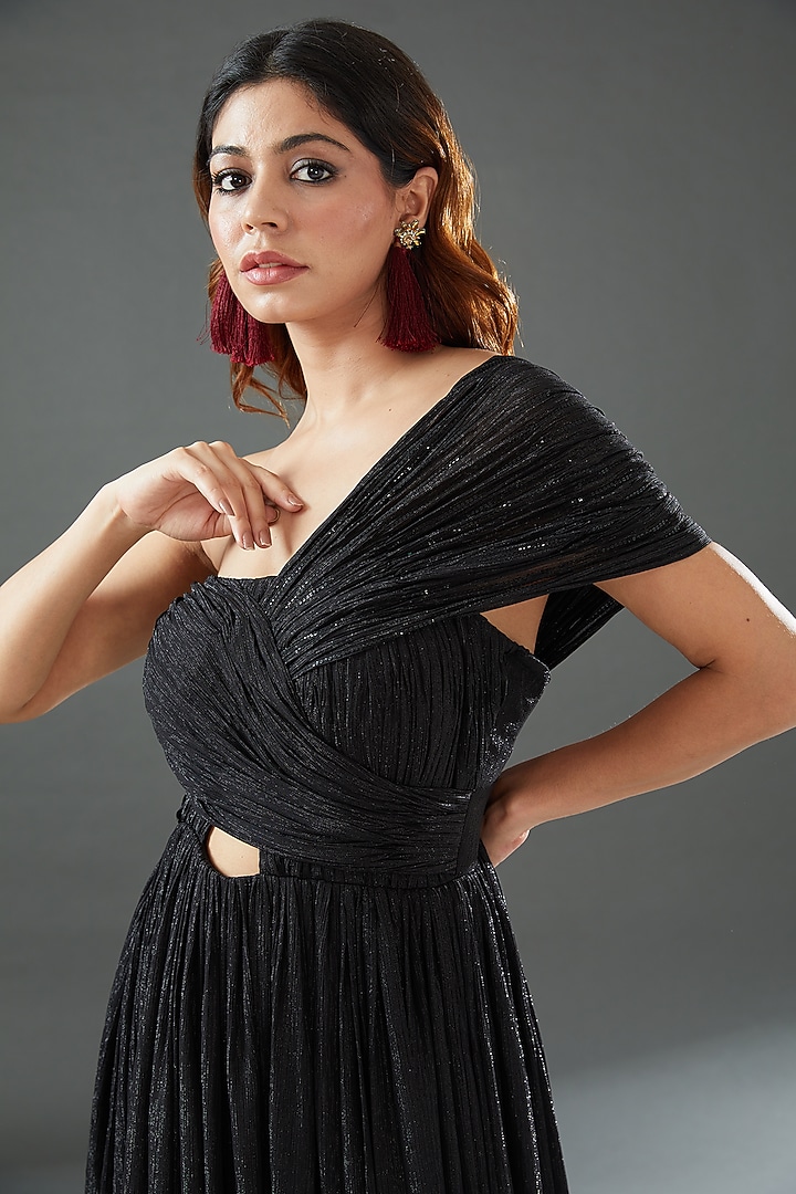 Black Metallic Georgette Draped Engagement Gown by Tisharth by Shivani at Pernia's Pop Up Shop