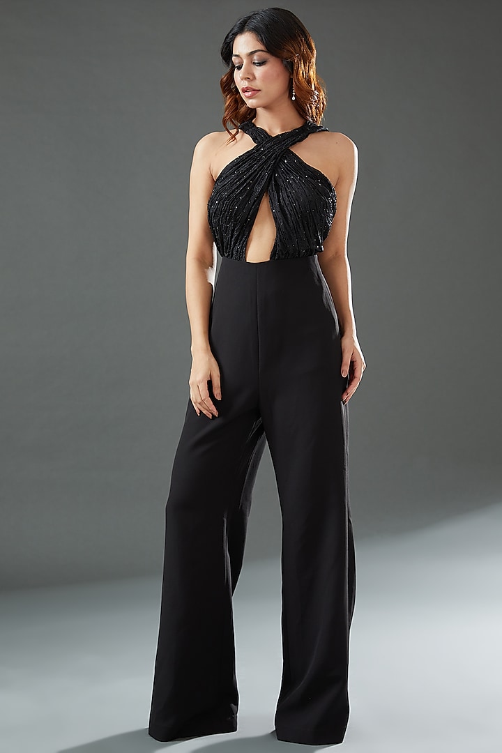 Black Polyester Embroidered Jumpsuit by Tisharth by Shivani at Pernia's Pop Up Shop