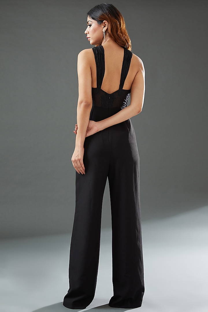 Black Polyester Embroidered Jumpsuit by Tisharth by Shivani at Pernia's Pop Up Shop