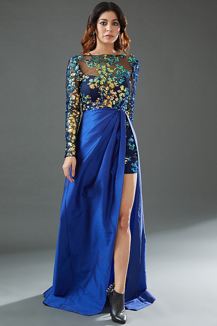 Royal Blue Polyester Embroidered Dress by Tisharth by Shivani at Pernia's Pop Up Shop