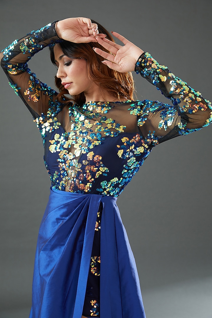 Royal Blue Polyester Embroidered Cocktail Dress by Tisharth by Shivani at Pernia's Pop Up Shop