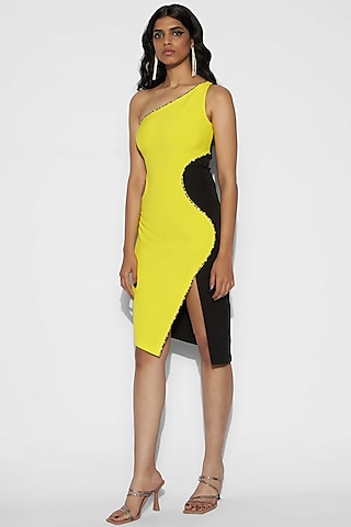Neon Yellow One Shoulder Mini Dress by Tisharth By Shivani