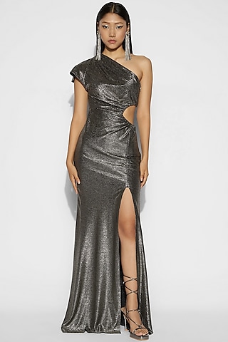 Silver One Shoulder Draped Gown by Tisharth By Shivani