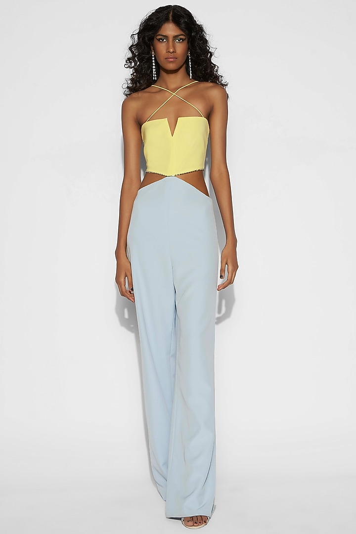 Powder Blue & Yellow Embroidered Jumpsuit by Tisharth By Shivani at Pernia's Pop Up Shop