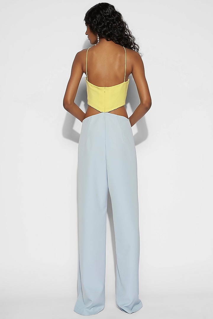Powder Blue & Yellow Embroidered Jumpsuit by Tisharth By Shivani at Pernia's Pop Up Shop