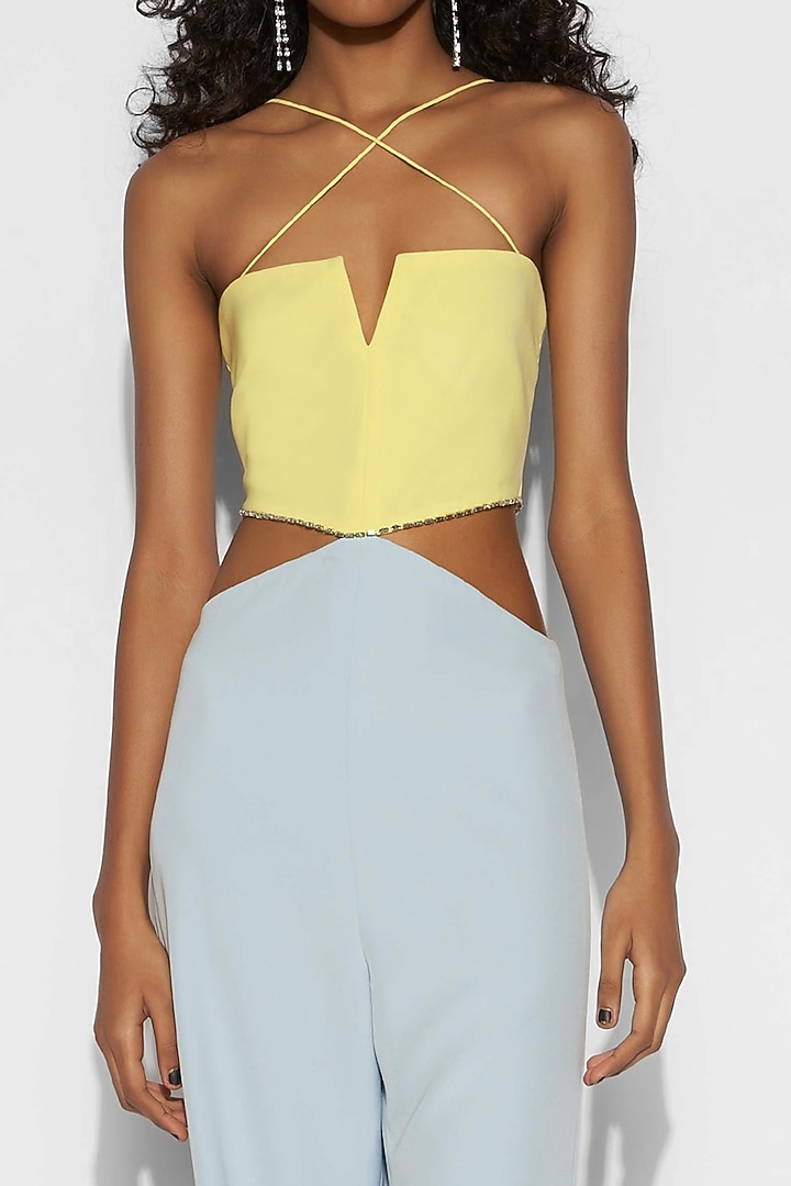 Powder Blue & Yellow Embroidered Jumpsuit by Tisharth By Shivani at Pernia's Pop Up Shop