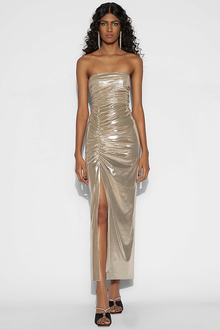 Gold Bandeau Gown by Tisharth By Shivani