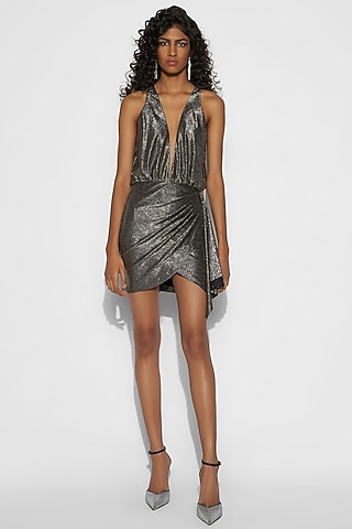 Silver Draped Mini Dress by Tisharth By Shivani