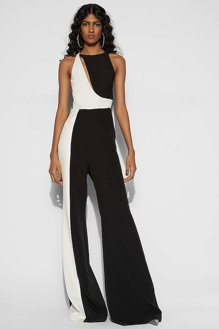 Black & White Polyester Jumpsuit by Tisharth By Shivani