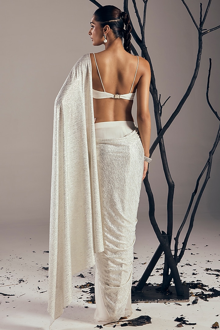 White Chiffon & Shimmer Lycra Draped Party Wear Saree Set by Tisharth By Shivani at Pernia's Pop Up Shop