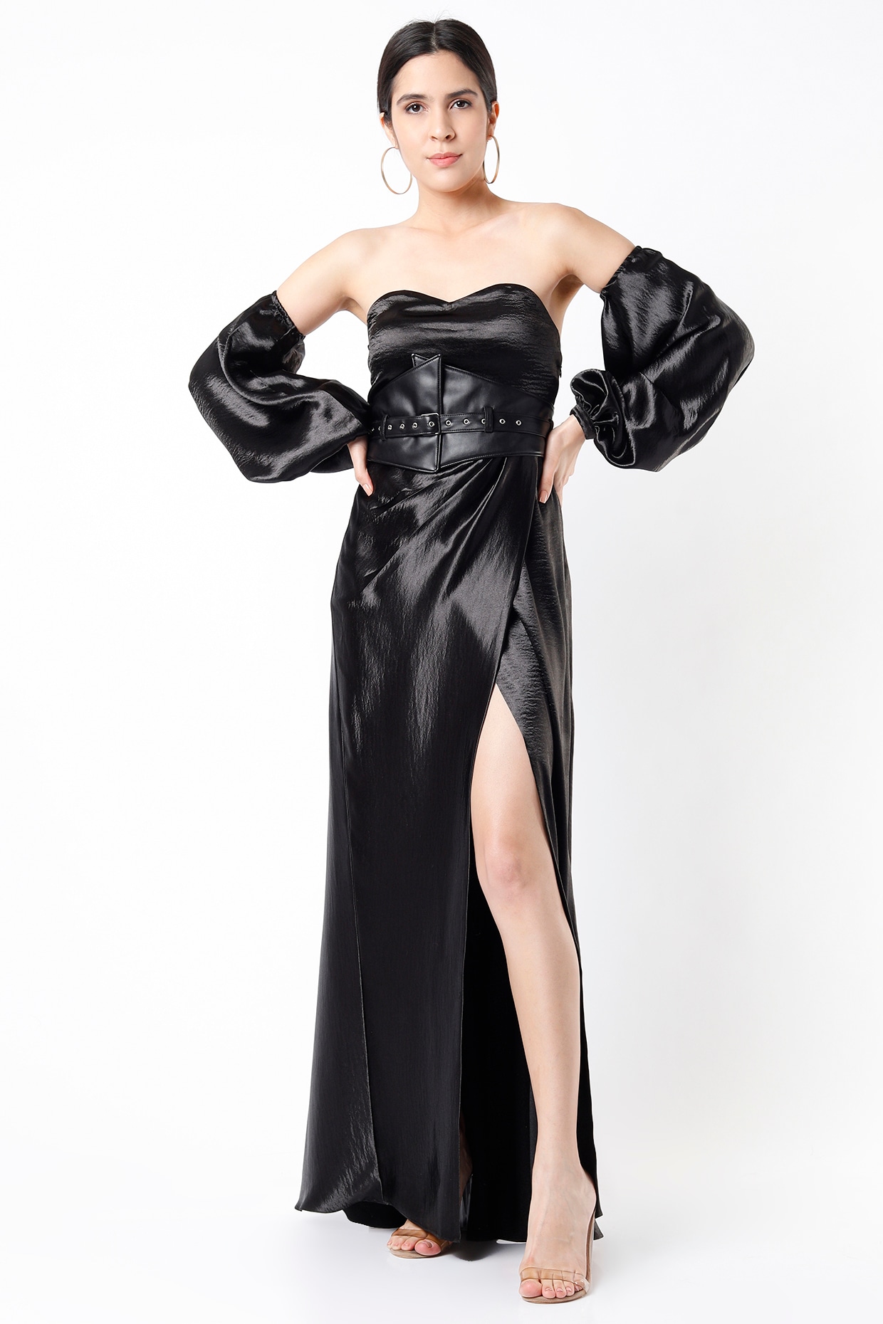 Black Tube Dress With Detachable Balloon Sleeves by Tisharth By