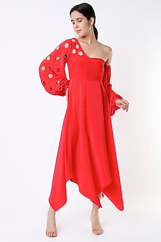 Red Asymmetrical Midi Dress by Tisharth By Shivani