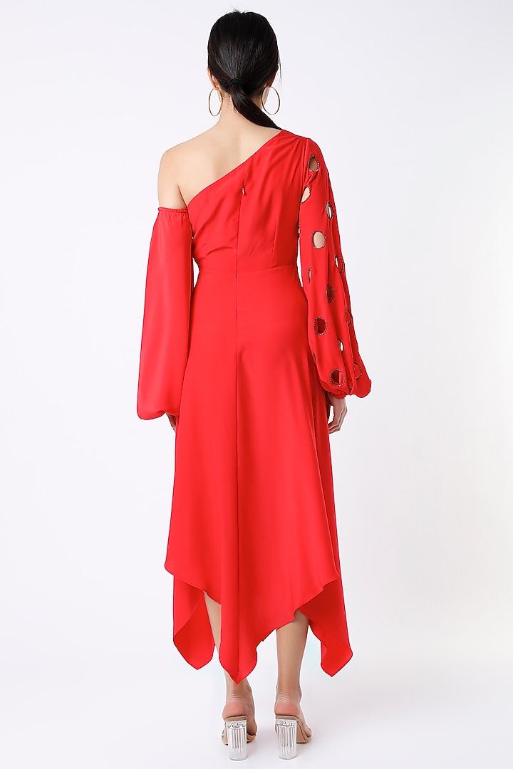 Red Asymmetrical Midi Vacation Dress by Tisharth By Shivani at Pernia's Pop Up Shop