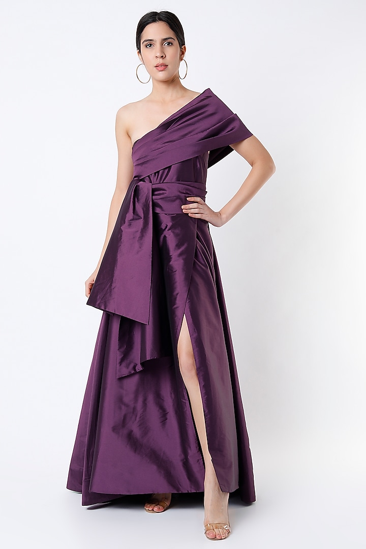 Purple Taffeta Silk Gown by Tisharth By Shivani