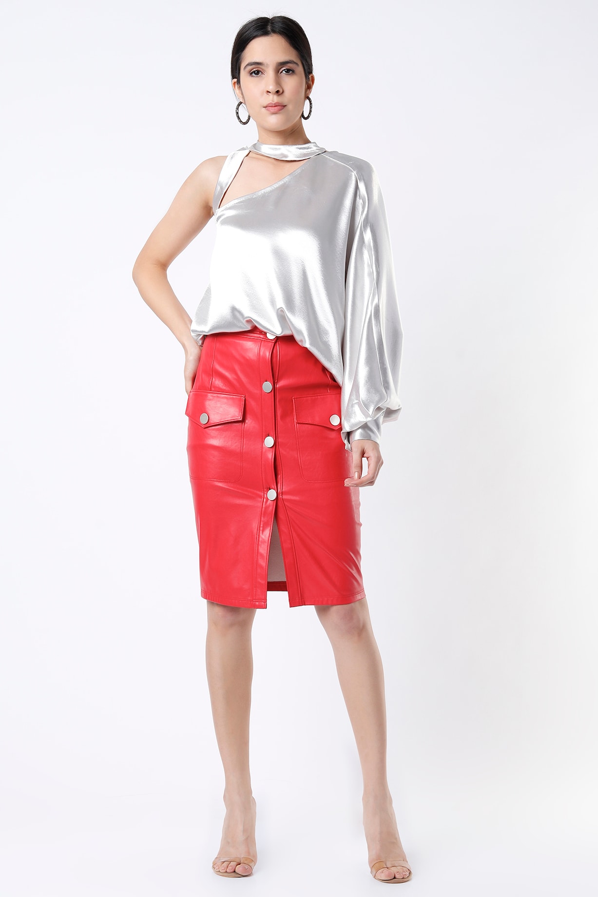 Silver Cherry Red Faux Leather Skirt Set by Tisharth By Shivani