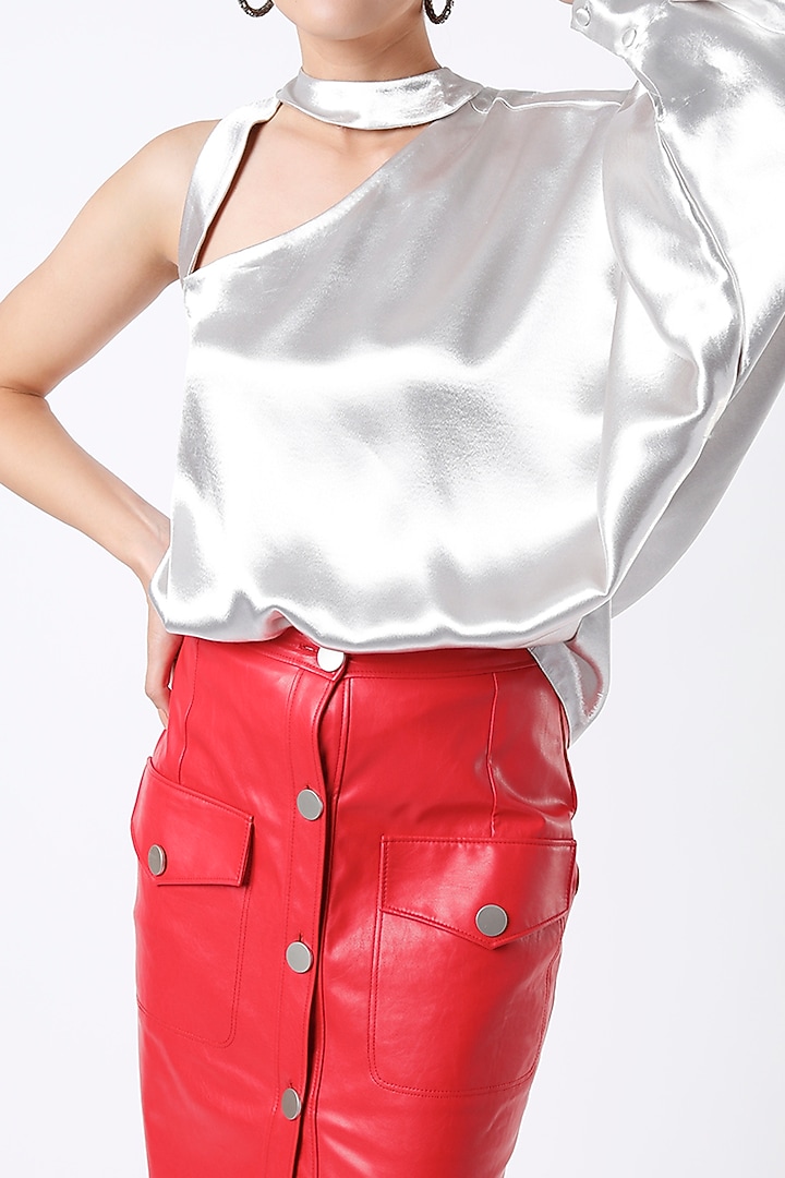 Silver & Cherry Red Faux Leather Skirt Set by Tisharth By Shivani at Pernia's Pop Up Shop