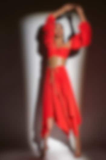 Red Embroidered Asymmetrical Midi Dress With Belt by Tisharth by Shivani