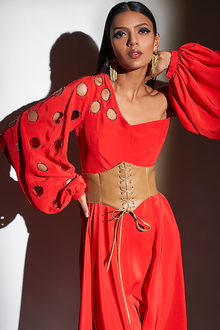 Red Embroidered Asymmetrical Midi Vacation Dress With Belt by Tisharth by Shivani at Pernia's Pop Up Shop