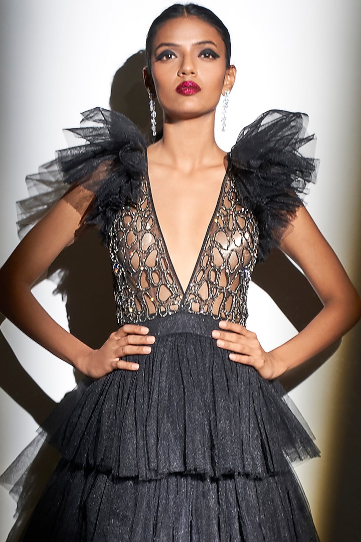 Black Embroidered Tiered Gown by Tisharth by Shivani at Pernia's Pop Up Shop