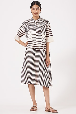 White & Black Cotton Printed Shirt Dress by Tilla