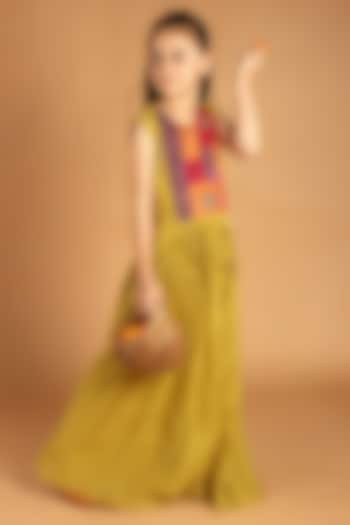 Lime Green Mul Chanderi Hand Embroidered Gown For Girls by Tilsim by Sagarika Mehrotra at Pernia's Pop Up Shop