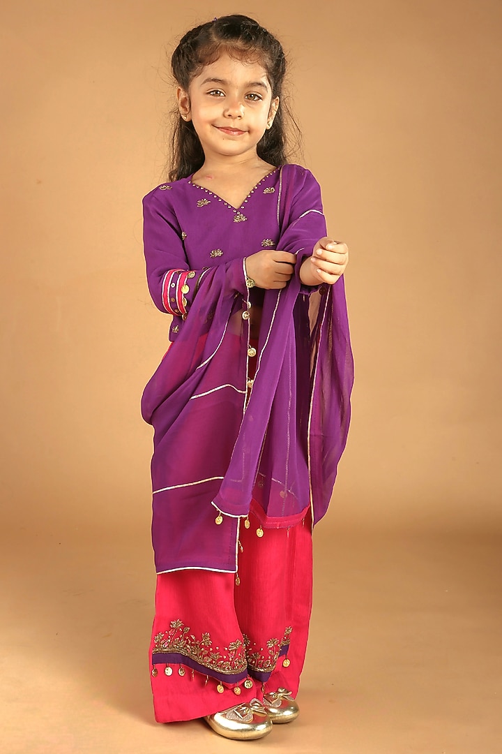 Pink Georgette Embroidered Sharara Set For Girls by Tilsim by Sagarika Mehrotra at Pernia's Pop Up Shop
