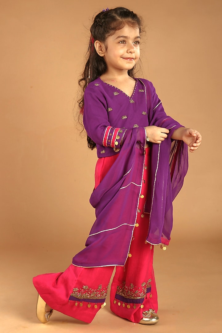 Pink Georgette Embroidered Sharara Set For Girls by Tilsim by Sagarika Mehrotra at Pernia's Pop Up Shop