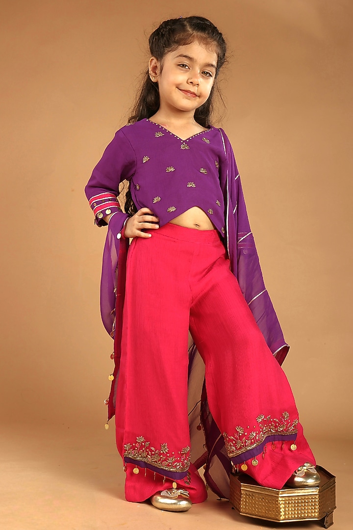 Pink Georgette Embroidered Sharara Set For Girls by Tilsim by Sagarika Mehrotra at Pernia's Pop Up Shop