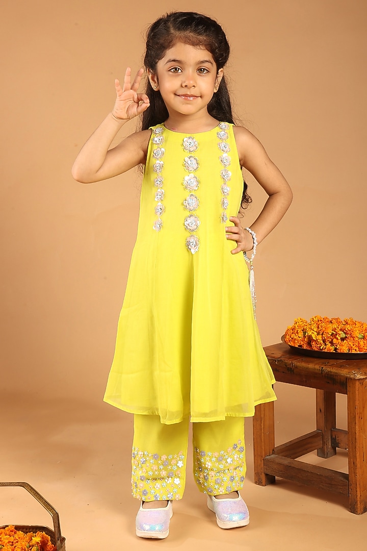 Lemon Yellow Georgette Embroidered Kurta Set For Girls by Tilsim by Sagarika Mehrotra at Pernia's Pop Up Shop