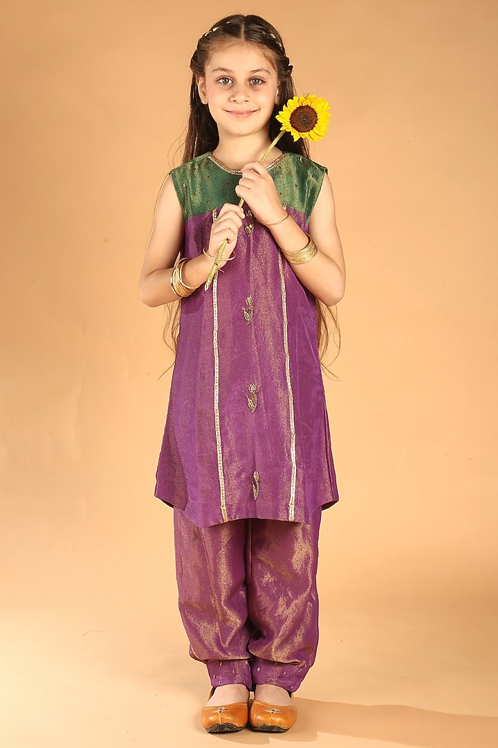 Purple Tissue Embroidered Kurta Set For Girls by Tilsim by Sagarika Mehrotra at Pernia's Pop Up Shop