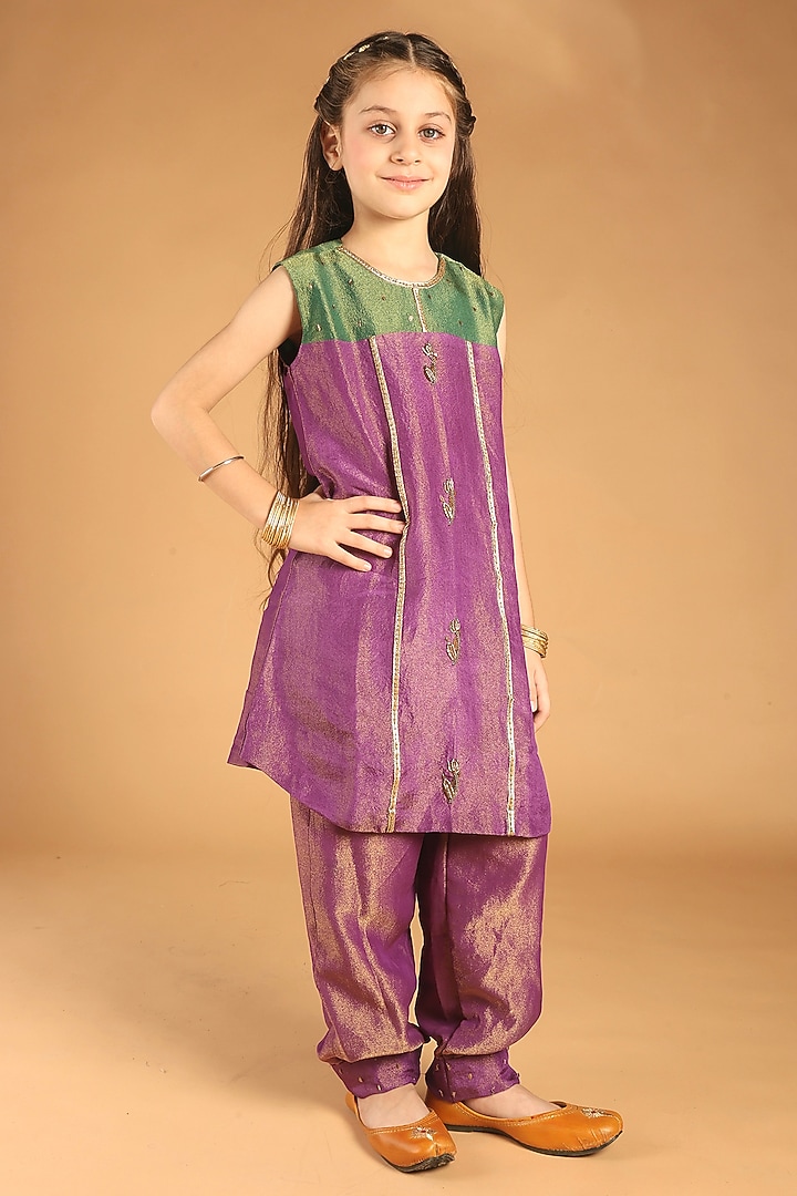 Purple Tissue Embroidered Kurta Set For Girls by Tilsim by Sagarika Mehrotra at Pernia's Pop Up Shop