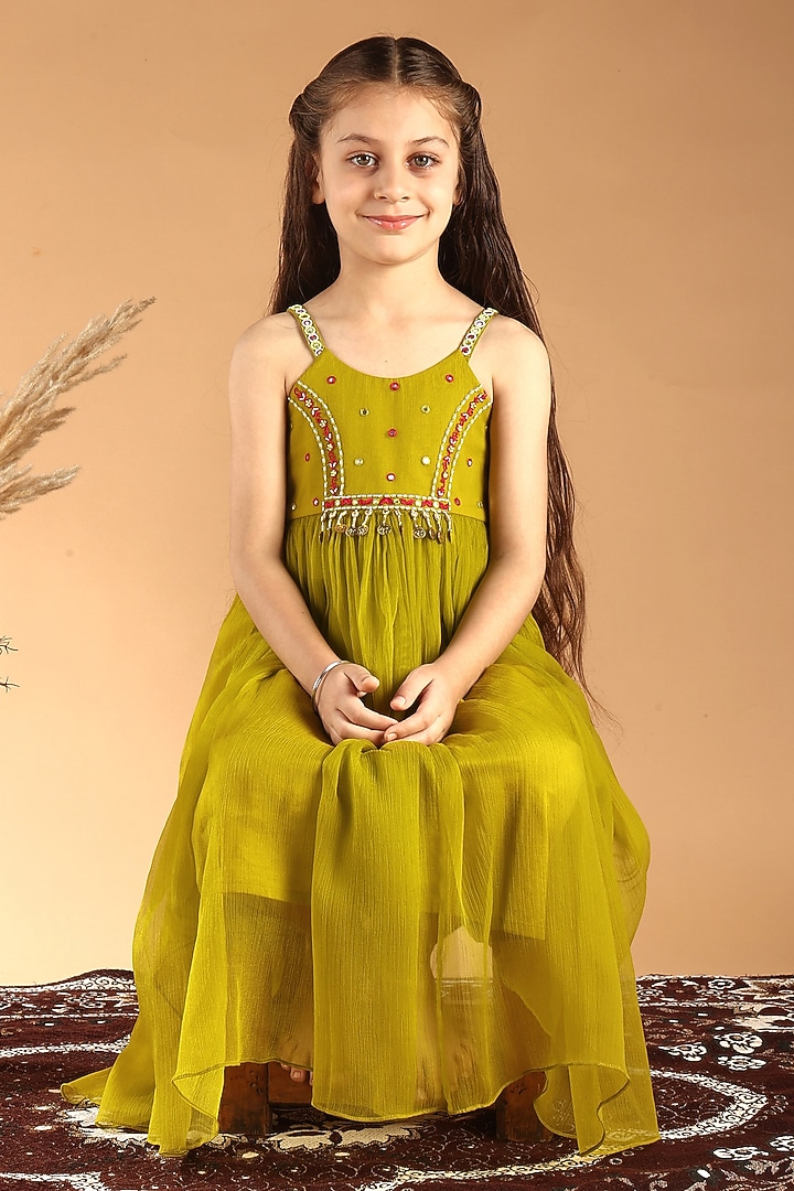 Green Chiffon Embroidered Dress For Girls by Tilsim by Sagarika Mehrotra at Pernia's Pop Up Shop