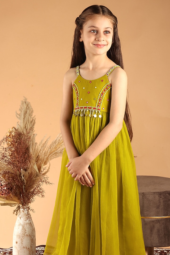 Green Chiffon Embroidered Dress For Girls by Tilsim by Sagarika Mehrotra at Pernia's Pop Up Shop