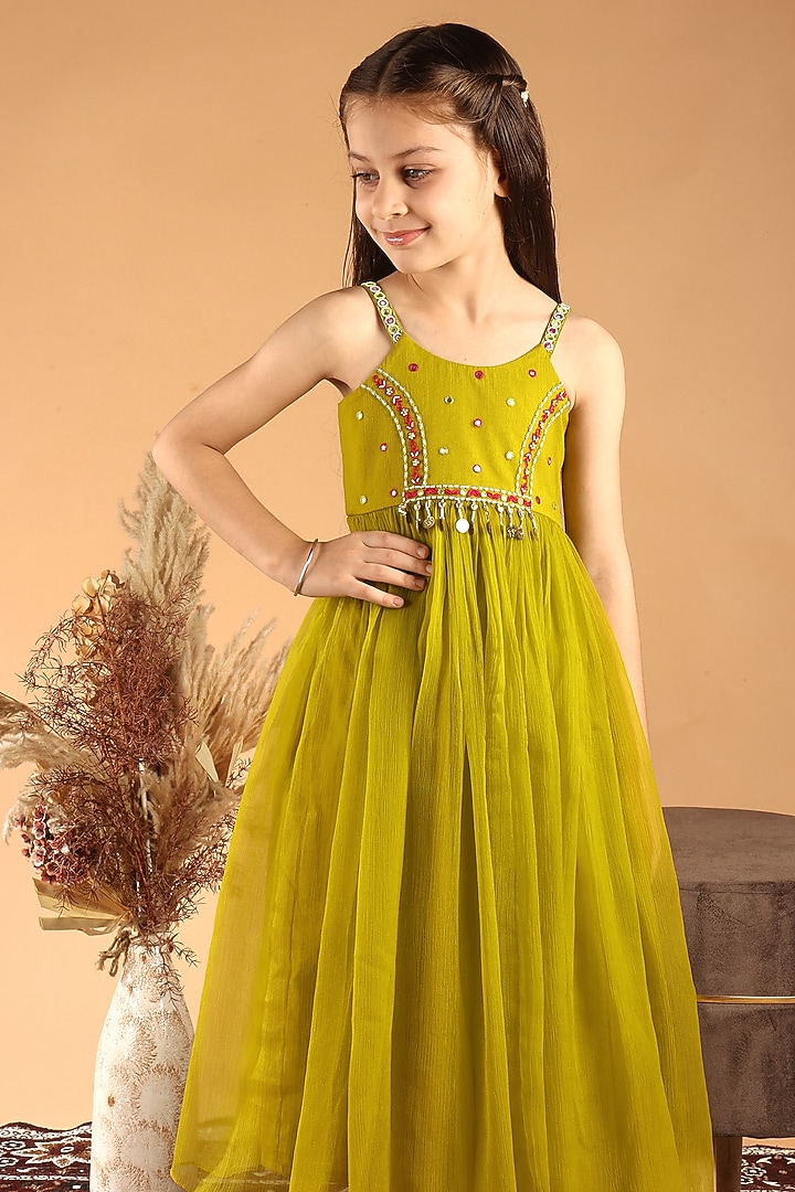 Green Chiffon Embroidered Dress For Girls by Tilsim by Sagarika Mehrotra at Pernia's Pop Up Shop