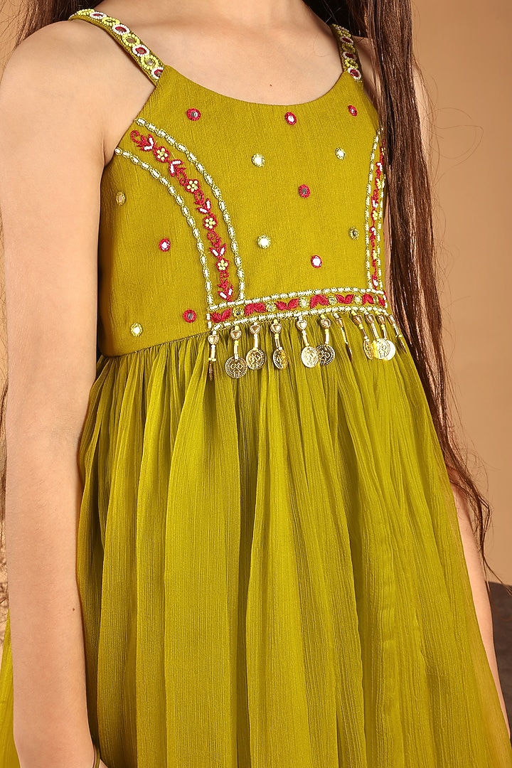 Green Chiffon Embroidered Dress For Girls by Tilsim by Sagarika Mehrotra at Pernia's Pop Up Shop