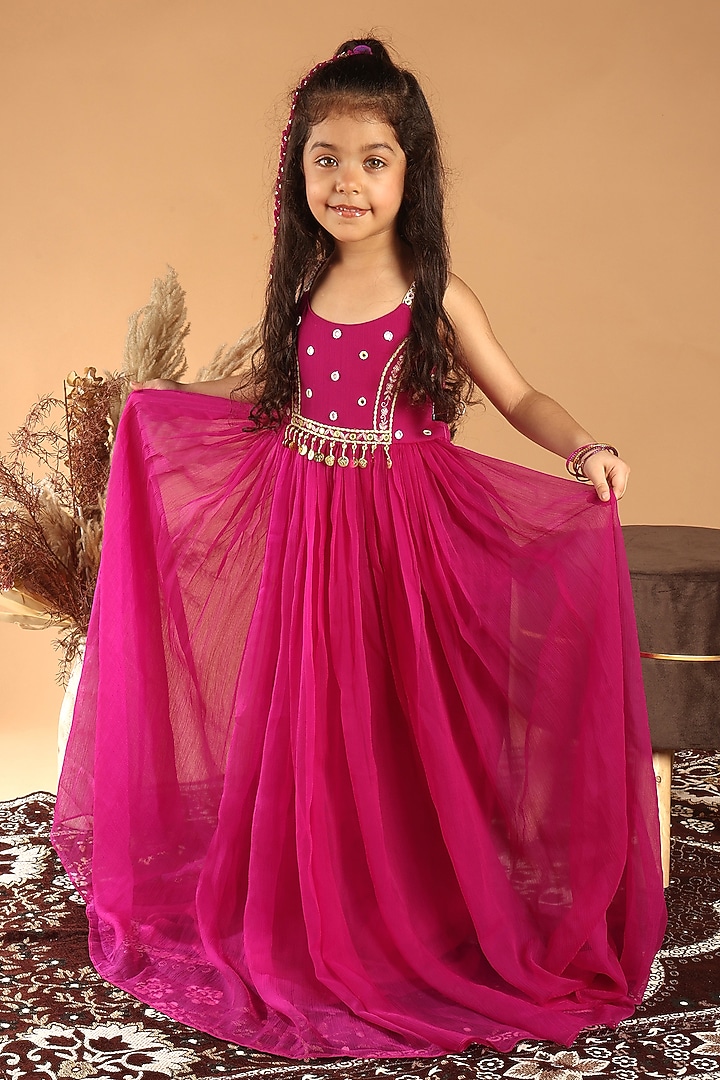 Magenta Chiffon Embroidered Dress For Girls by Tilsim by Sagarika Mehrotra at Pernia's Pop Up Shop