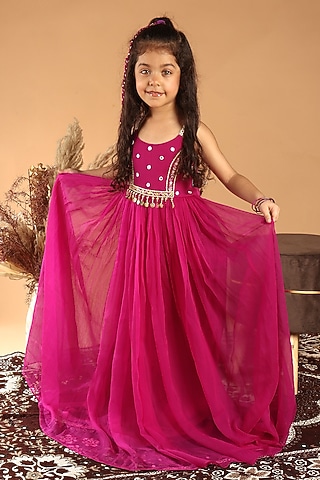 Magenta Chiffon Embroidered Dress For Girls by Tilsim by Sagarika Mehrotra