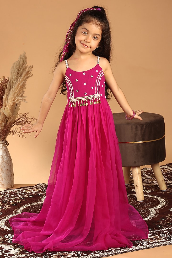 Magenta Chiffon Embroidered Dress For Girls by Tilsim by Sagarika Mehrotra at Pernia's Pop Up Shop
