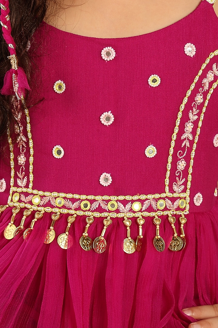 Magenta Chiffon Embroidered Dress For Girls by Tilsim by Sagarika Mehrotra at Pernia's Pop Up Shop