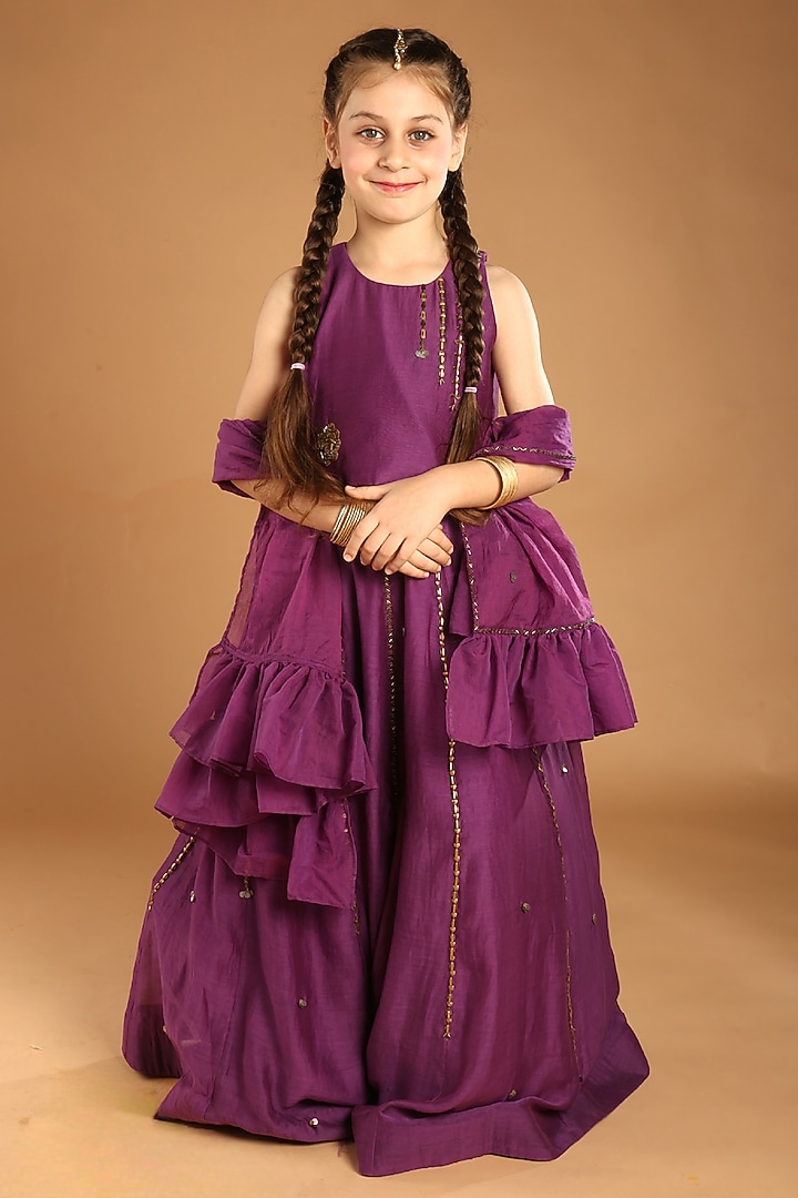 Purple Mul Chanderi Embroidered Lehenga Set For Girls by Tilsim by Sagarika Mehrotra at Pernia's Pop Up Shop