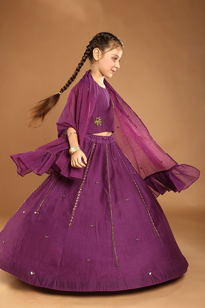 Purple Mul Chanderi Embroidered Lehenga Set For Girls by Tilsim by Sagarika Mehrotra at Pernia's Pop Up Shop