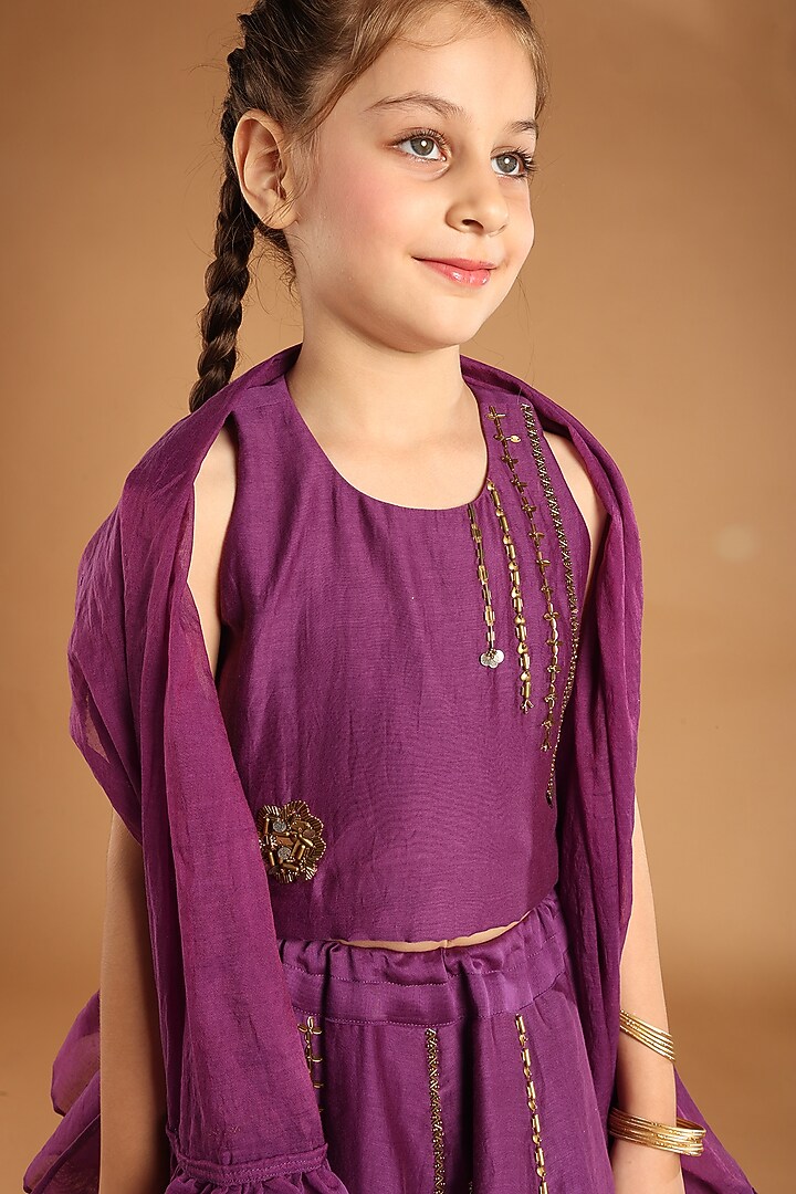 Purple Mul Chanderi Embroidered Lehenga Set For Girls by Tilsim by Sagarika Mehrotra at Pernia's Pop Up Shop
