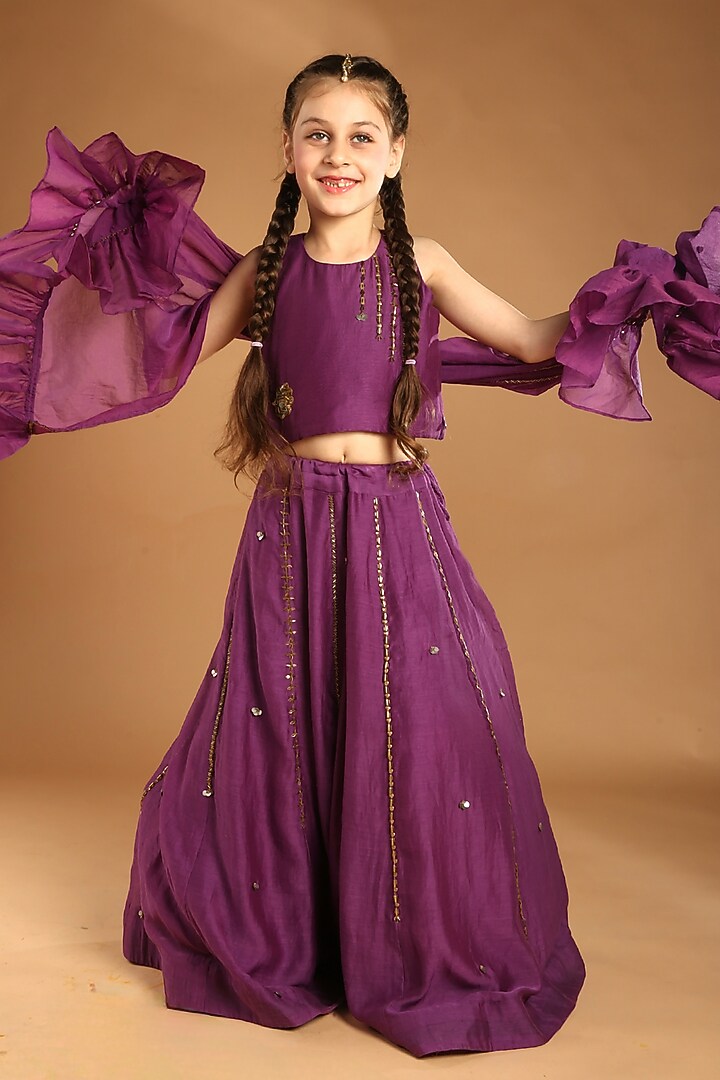 Purple Mul Chanderi Embroidered Lehenga Set For Girls by Tilsim by Sagarika Mehrotra at Pernia's Pop Up Shop
