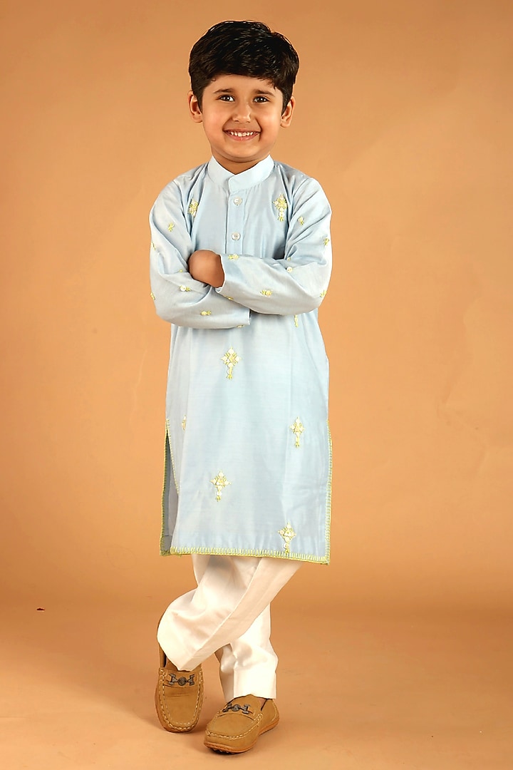 Light Blue Chanderi Hand Embroidered Kurta Set For Boys by Tilsim by Sagarika Mehrotra at Pernia's Pop Up Shop