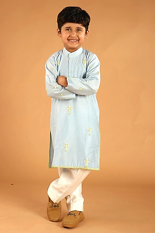 Light Blue Chanderi Hand Embroidered Kurta Set For Boys by Tilsim by Sagarika Mehrotra